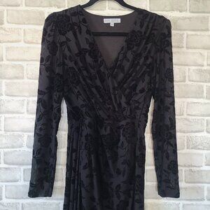 Ivy City Amaya Burnout Midi Dress Size S Long Sleeve Black Rose Motif